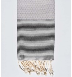 Serviette de plage nid d'abeille tourdille rayée gris noir Fouta Tunisia - 1