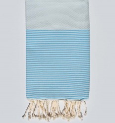 Serviette de plage nid d'abeille azur brume rayée bleu azur clair Fouta Tunisia - 1