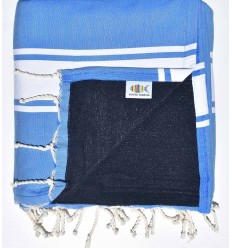 Serviette de plage doublée éponge bleu électrique et bleu nuit Fouta Tunisia - 1