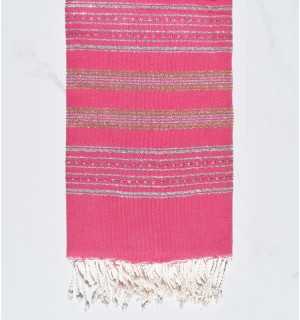 Serviette de plage rose fushia avec lurex argent et doré Fouta Tunisia - 2 2