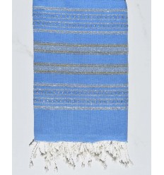 Serviette de plage plate bleu avec lurex argent et doré Fouta Tunisia - 1