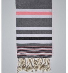 Serviette de plage dina gris avec rayures blanche, rose fluo et noir Fouta Tunisia - 1