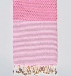 Fouta nid d'abeille rose clair avec rayures Fouta Tunisia - 1