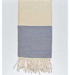 Fouta nid d'abeille écru avec rayures bleu foncé Fouta Tunisia - 1