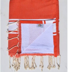 Serviette de plage éponge corail foncé et blanc  - 1