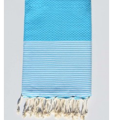 FOUTA NID D'ABEILLE bleu céruléen rayée blanc Fouta Tunisia - 1