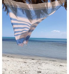 serviette de plage RAF-RAF bleu bleuet et rose pastel pâle Fouta Tunisia - 3