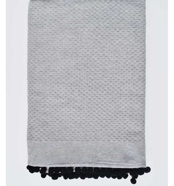 Fouta en nid d'abeille gris avec pompons Fouta Tunisia - 1