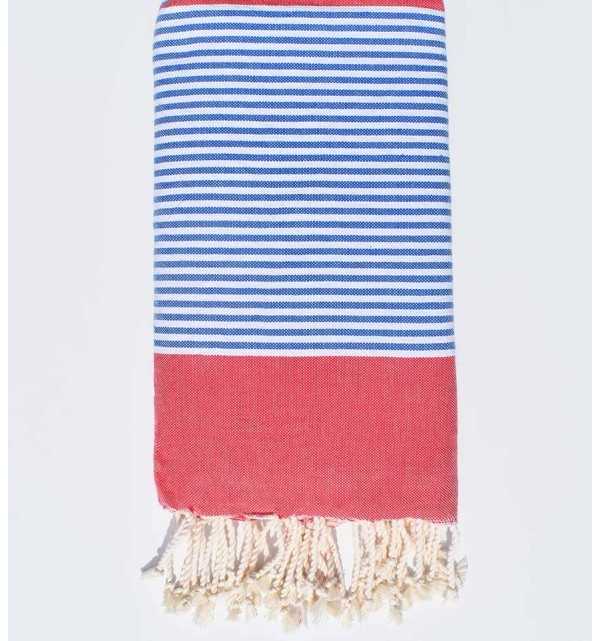 Jeté rouge rayée bleu 2m/2m Fouta Tunisia - 1