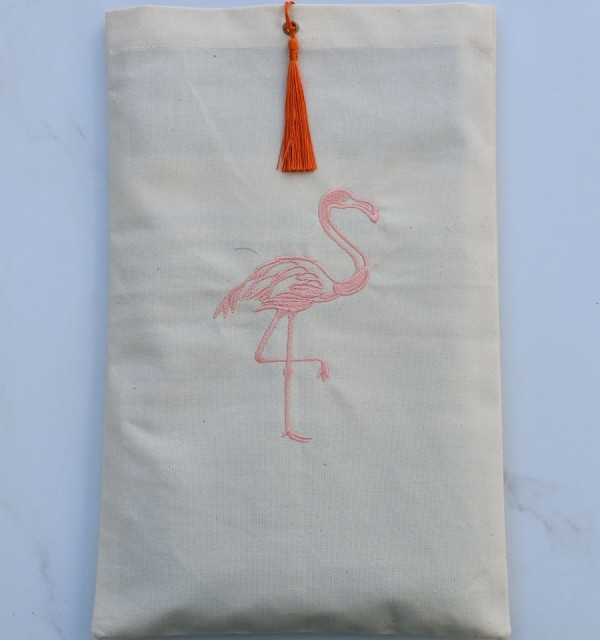 Pochette beige clair brodée flamant avec pompon orange Fouta Tunisia - 1