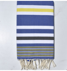 Serviette de plage dina bleu avec rayures jaune chrome, blanc et noir Fouta Tunisia - 1