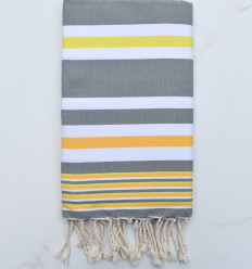 Fouta dina gris rayée blanc, jaune chrome et jaune aurore Fouta Tunisia - 1