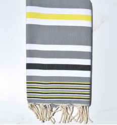 Fouta dina gris rayée blanc, jaune chrome et anthracite Fouta Tunisia - 1