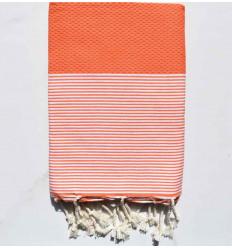 Fouta nid d'abeille orange corail rayée blanc Fouta Tunisia - 1