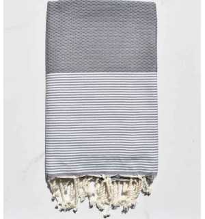 FOUTA NID D'ABEILLE Gris moyen rayée blanc Fouta Tunisia - 1