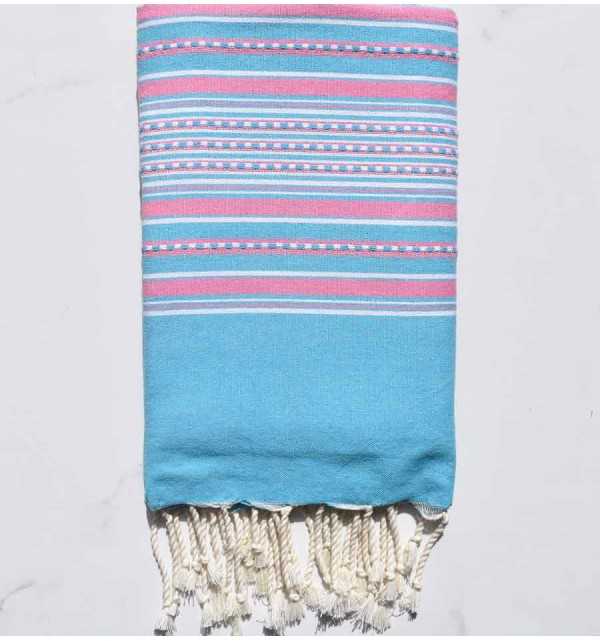 Fouta arabesque bleu céleste rayée rose pastel Fouta Tunisia - 1