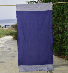 FOUTA NID D'ABEILLE Bleu outremer rayée blanc Fouta Tunisia - 1