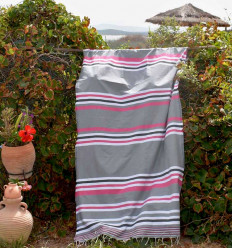 Fouta dina gris rayée rose, blanc et gris noir Fouta Tunisia - 1