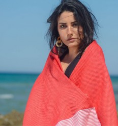 FOUTA NID D'ABEILLE rouge groseille rayée blanc Fouta Tunisia - 6