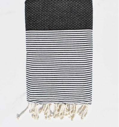 Fouta nid d'abeille en Coton Recyclé noir avec rayures Fouta Tunisia - 1