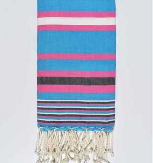 Fouta dina bleu céleste rayée rose et blanc Fouta Tunisia - 1 2