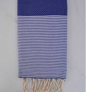 FOUTA NID D'ABEILLE Bleu outremer rayée blanc Fouta Tunisia - 1 2