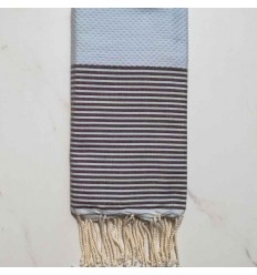 Fouta nid d'abeille bleu clair rayée marron 