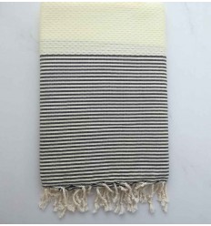 Fouta nid d'abeille jaune crème rayée anthracite 