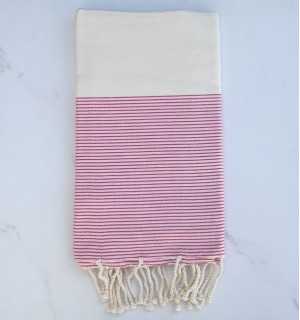 Fouta plate blanc crème et rose bébé avec rayures 