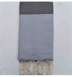 FOUTA NID D'ABEILLE gris plomb rayée blanc 