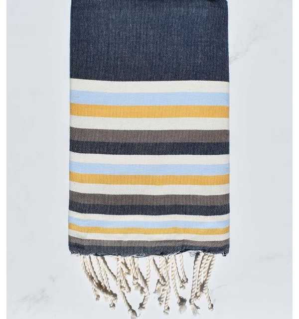 Fouta plate bleu denim,blanc crème, bleu clair, jaune et marron 