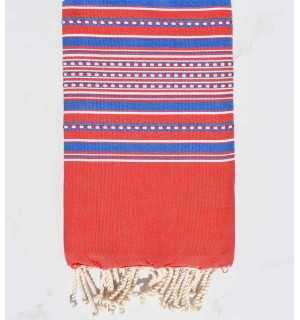 Fouta arabesque rouge rayée bleu 