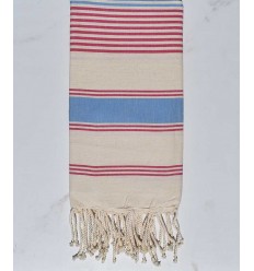 Fouta dina blanc crème, bleu clair et rose foncé Fouta Tunisia - 1