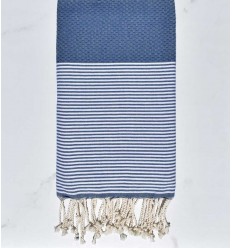 FOUTA NID D'ABEILLE Bleu guède rayée blanc Fouta Tunisia - 1