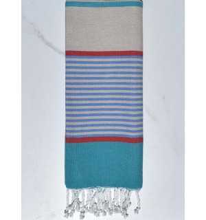 Fouta enfant grège, bleu, rouge et bleu canard Fouta Tunisia - 1