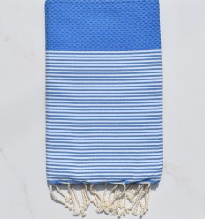 FOUTA NID D'ABEILLE Bleu gitane rayée blanc Fouta Tunisia - 1