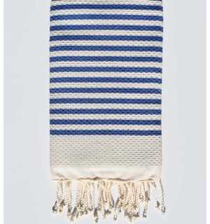 FOUTA nid d'abeille beige clair rayée 1 cm rayure bleu  - 1 2