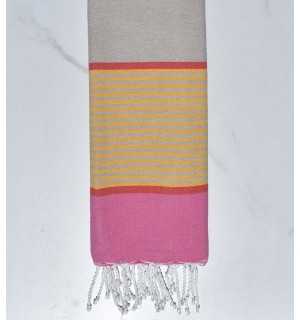 Serviette de plage enfant grège, rose clair, rouge corail et jaune Fouta Tunisia - 1