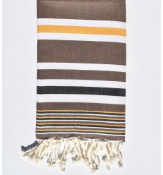 Serviette de plage Dina marron avec rayures jaune moutarde, blanche et noir Fouta Tunisia - 1