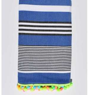 Serviette de plage bleu rayée blanc et noir avec pompons Fouta Tunisia - 1