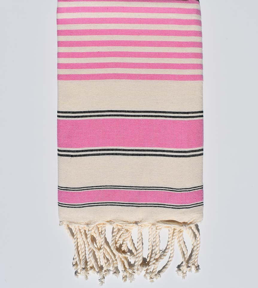 Serviette de plage ziwane blanc crème, noir et rose Fouta Tunisia - 1