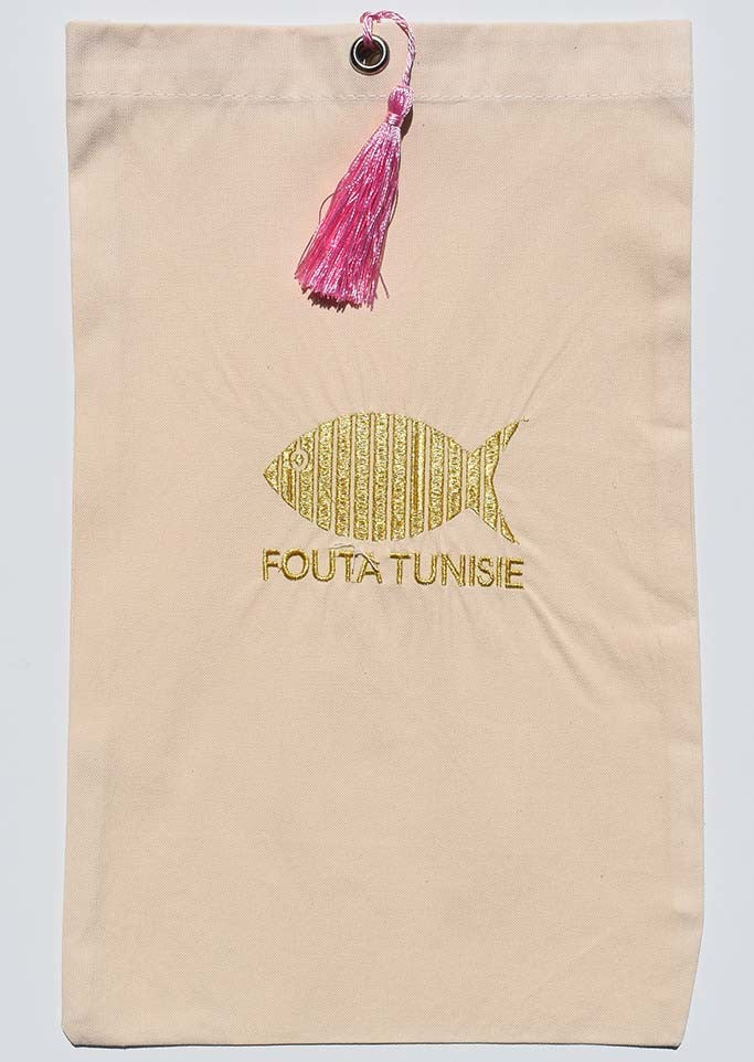 Pochette beige clair brodée , nœud pompon rose pastel Fouta Tunisia - 1