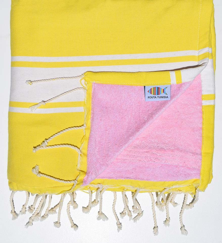 Fouta plate doublée éponge jaune et rose clair Fouta Tunisia - 1