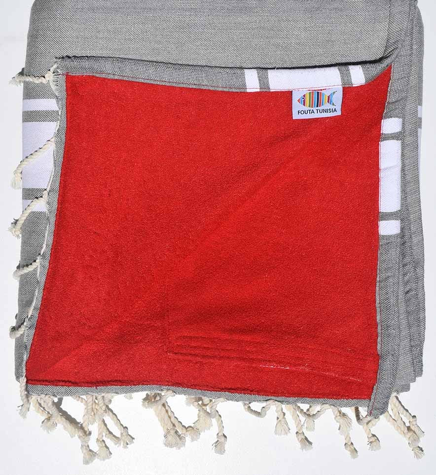 Fouta doublée éponge gris et rouge  - 1