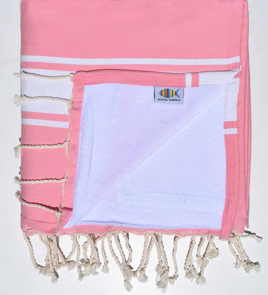 Serviette de plage doublée éponge rose et blanc  - 1