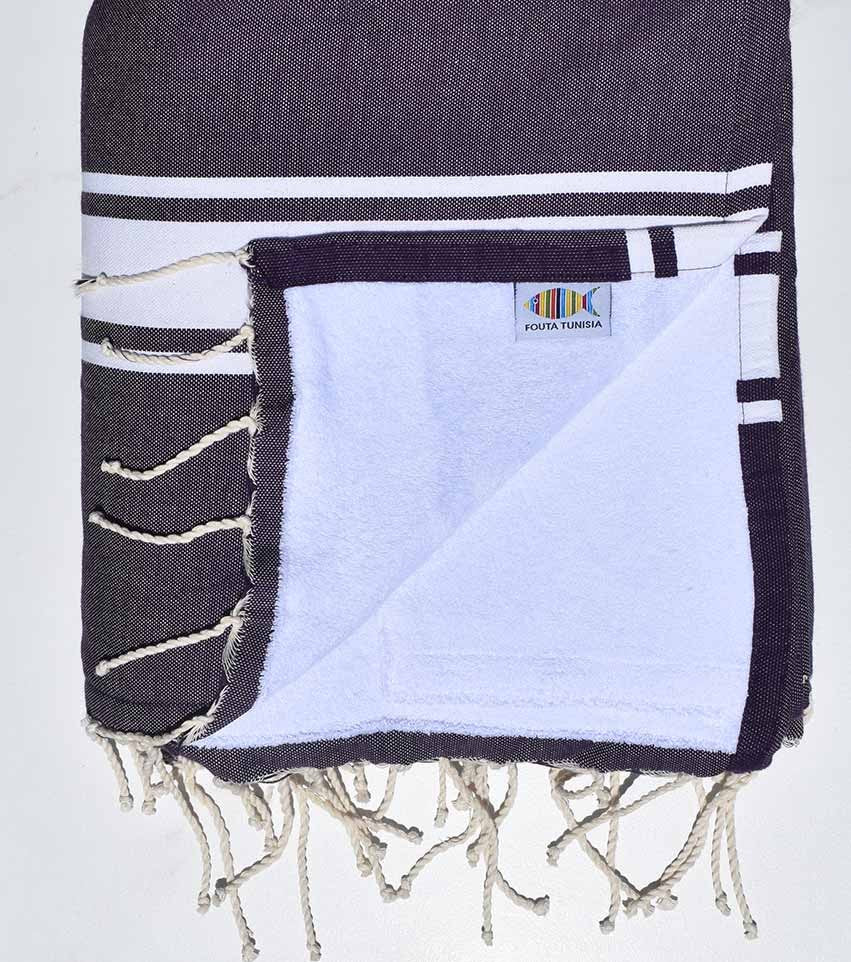 Serviette de plage doublée éponge violet foncé et blanc Fouta Tunisia - 1