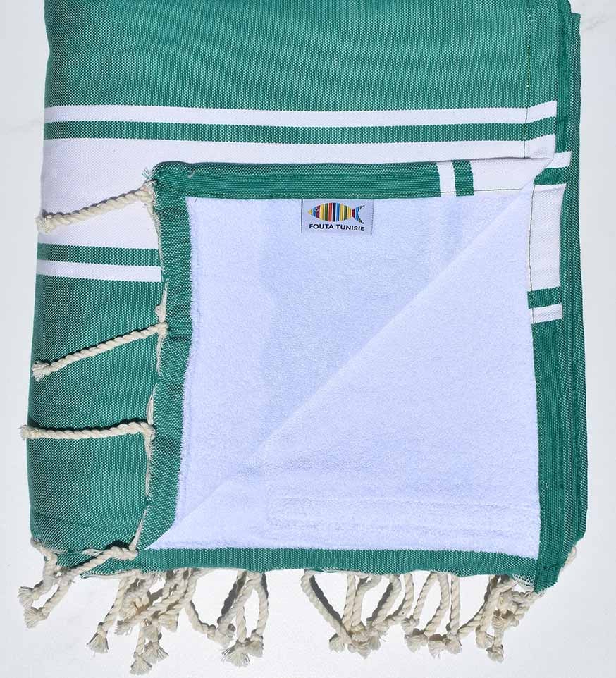 Serviette de plage doublée éponge vert et blanc Fouta Tunisia - 1