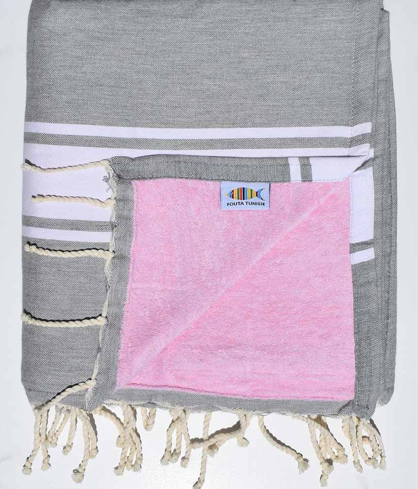 Fouta doublée éponge gris et rose Fouta Tunisia - 1