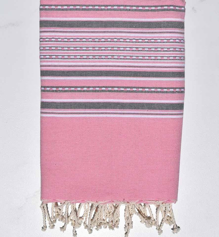 Serviette de plage arabesque rose clair et gris Fouta Tunisia - 1