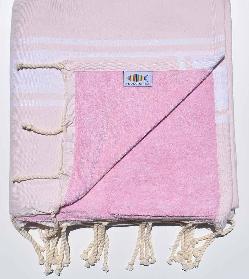 Serviette de plage doublée éponge rose très clair Fouta Tunisia - 1